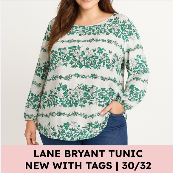 Lane Bryant Rayon Nylon Floral Blouse Boho Lagenlook Plus Size 30/32 white green - Picture 1 of 13